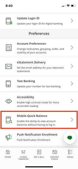 Mobile Quick Balance Settings Menu Option